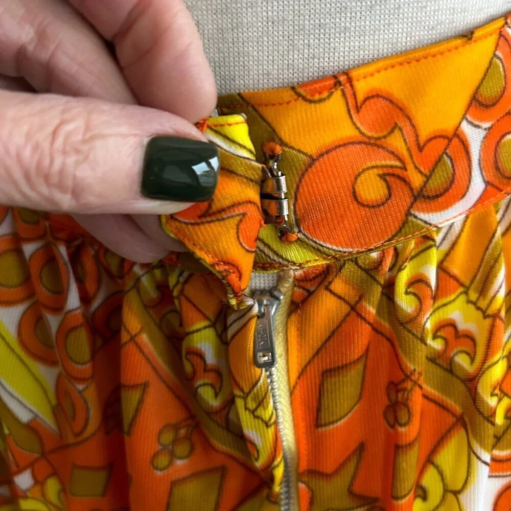 Vintage 60s 70s Pop Art Orange Yellow Geometric Nylon Maxi Skirt